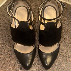 Christian Louboutin Black Leather and Suede Pointed-Toe Ankle-Strap Heels